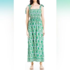 Max Studio Green Floral Maxi Dress with Tie Shoulder Details